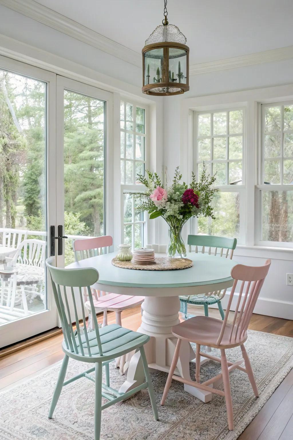 Tinted colors convey a vivacious, lighthearted stroke to your dining table.