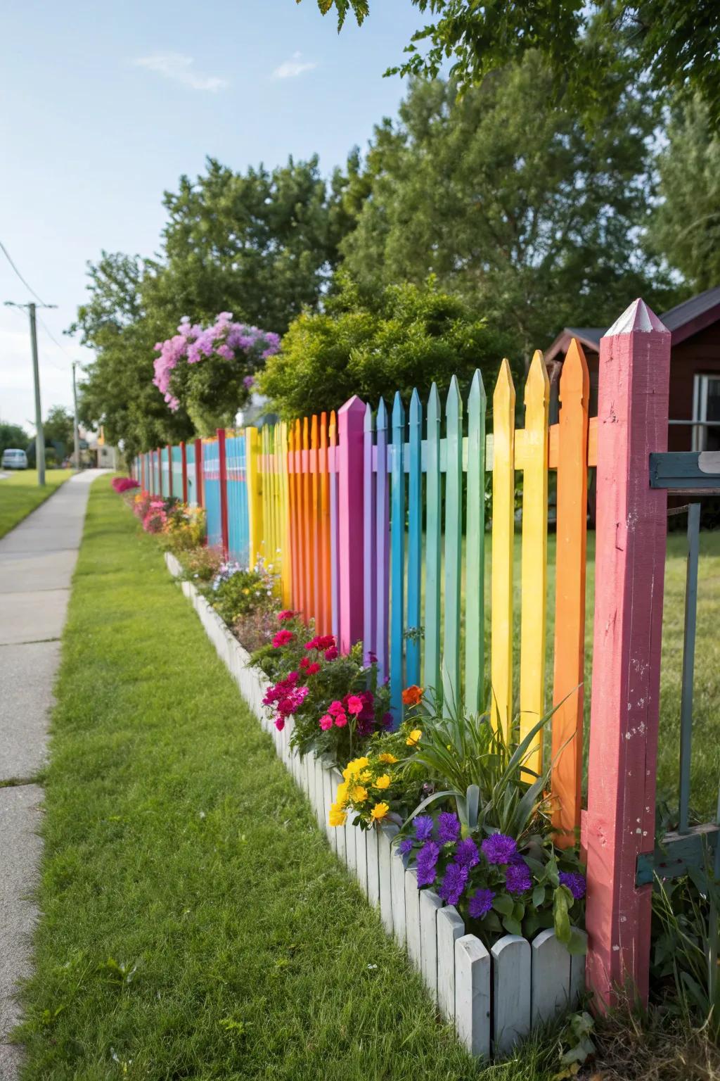 A whimsical picket fence displaying a rainbow of colors.