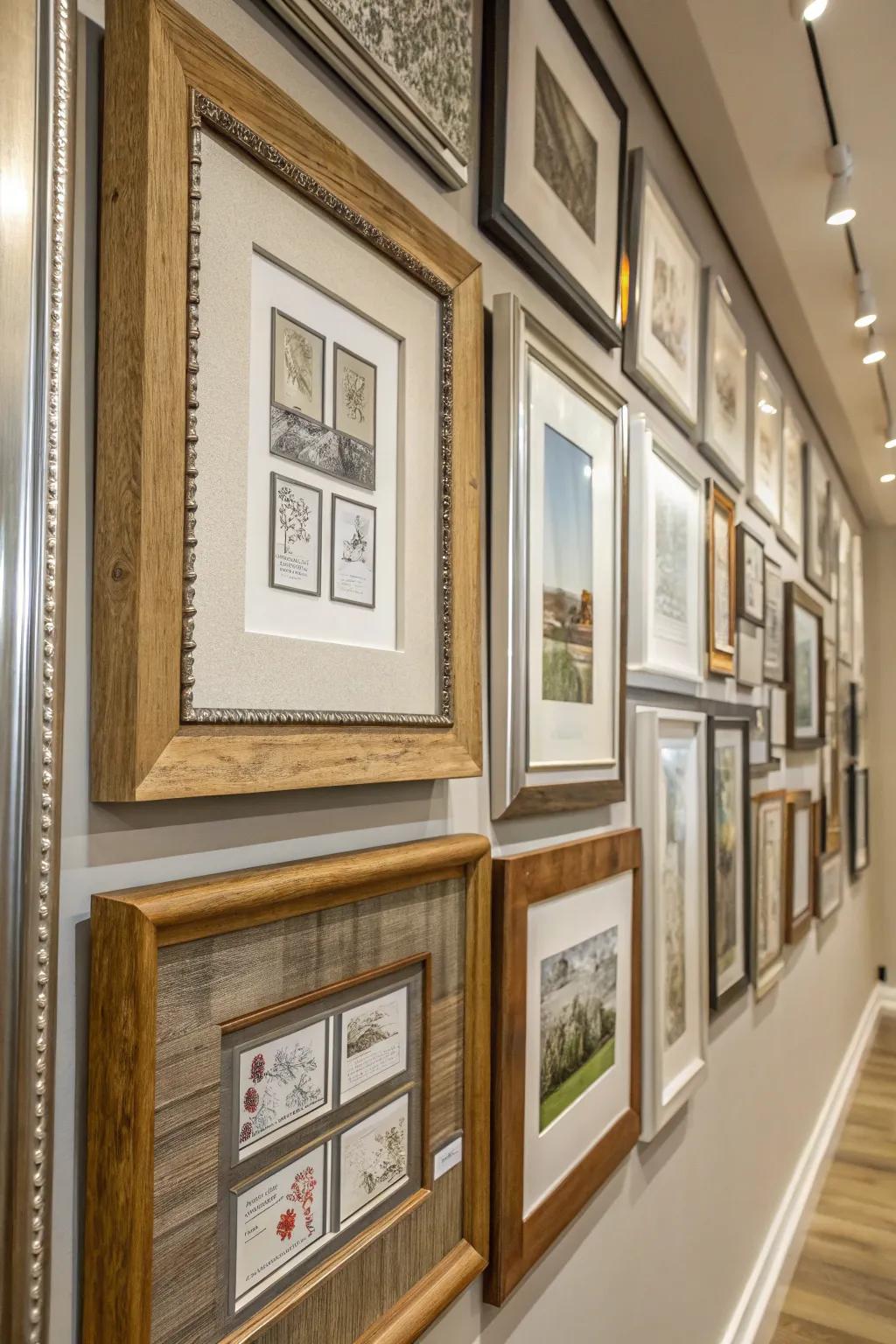 A diverse selection of frames adding texture and dimension.