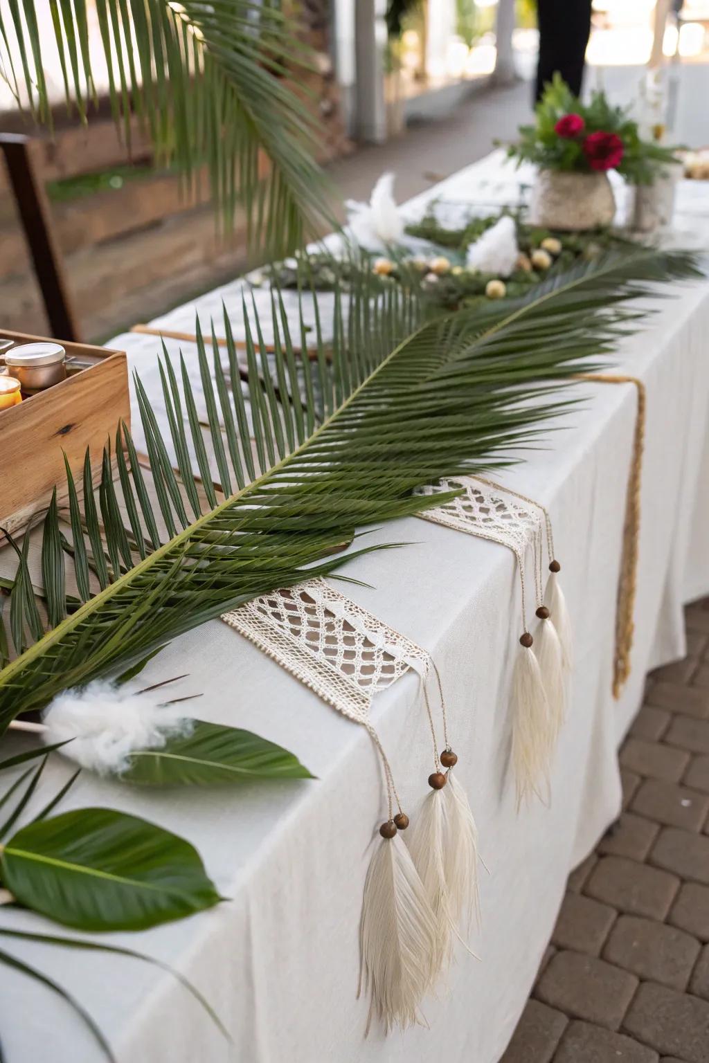 Boho elements complement palm leaves for a free-spirited vibe.