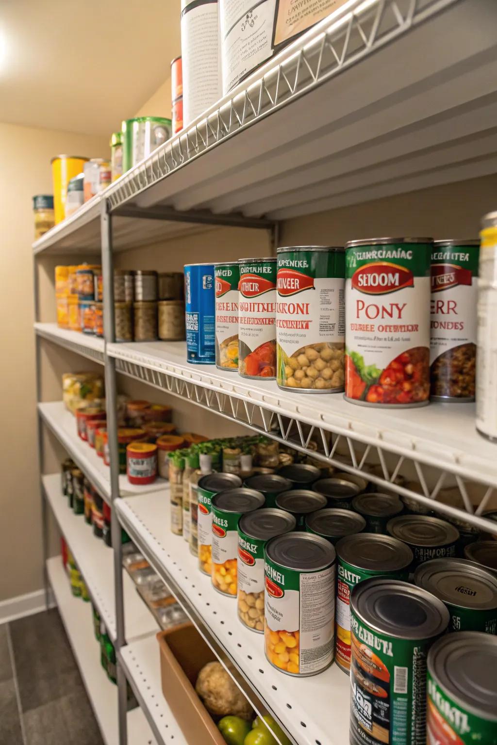 Shelf stackers in a pantry add more storage space and improve organization.