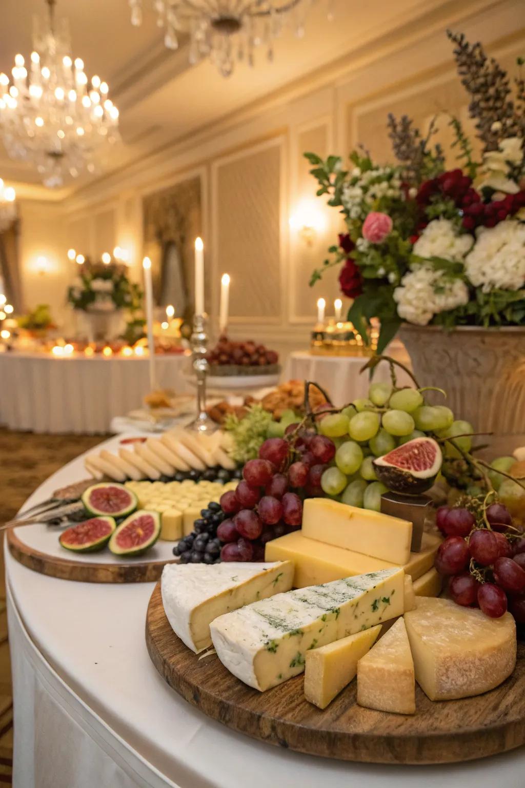Elaborate pairings of cheese and fruit adding complexity to the dessert table.