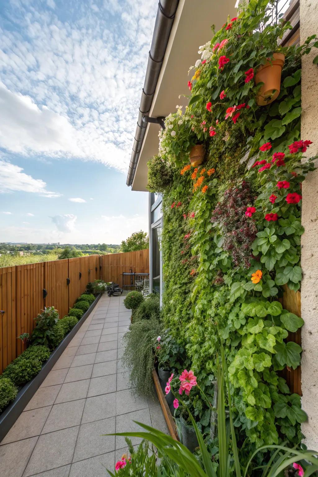 Hanging gardens bring greenery and vitality to patio walls.