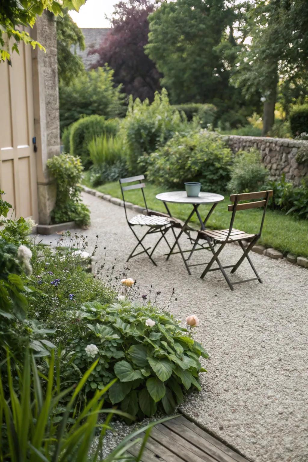 A gravel patio featuring simple, rustic outdoor furniture.