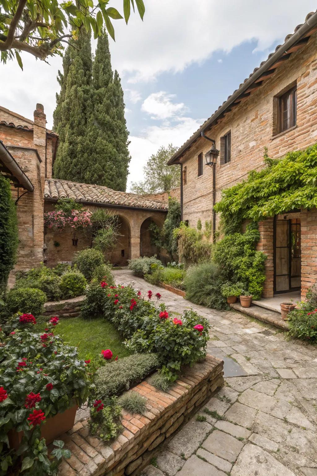 The garden's rustic charm is enhanced by its natural stone and brickwork.