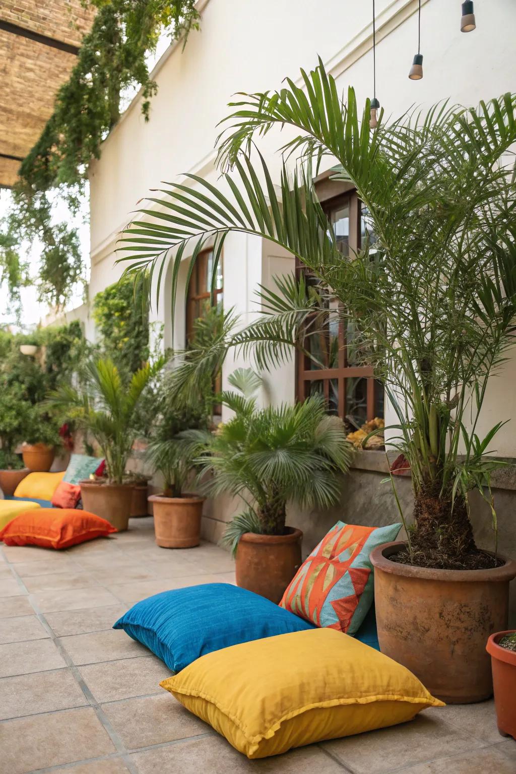 Introduce a tropical vibe with feather palms and colorful decor.