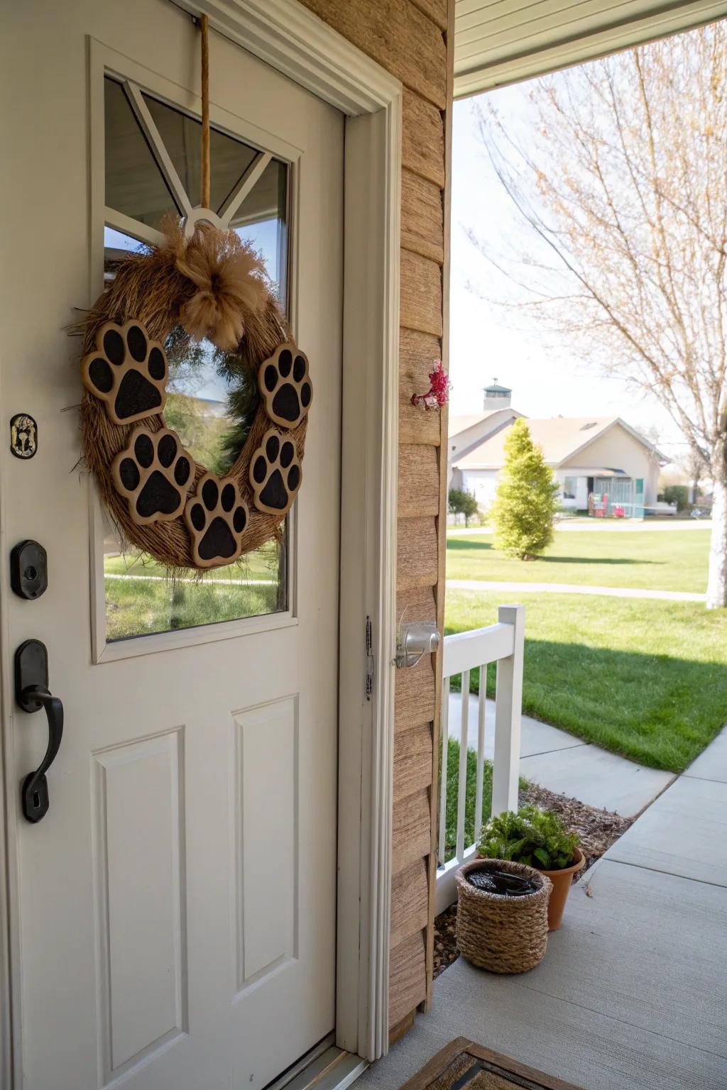 A friendly paw print wreath on a front door.