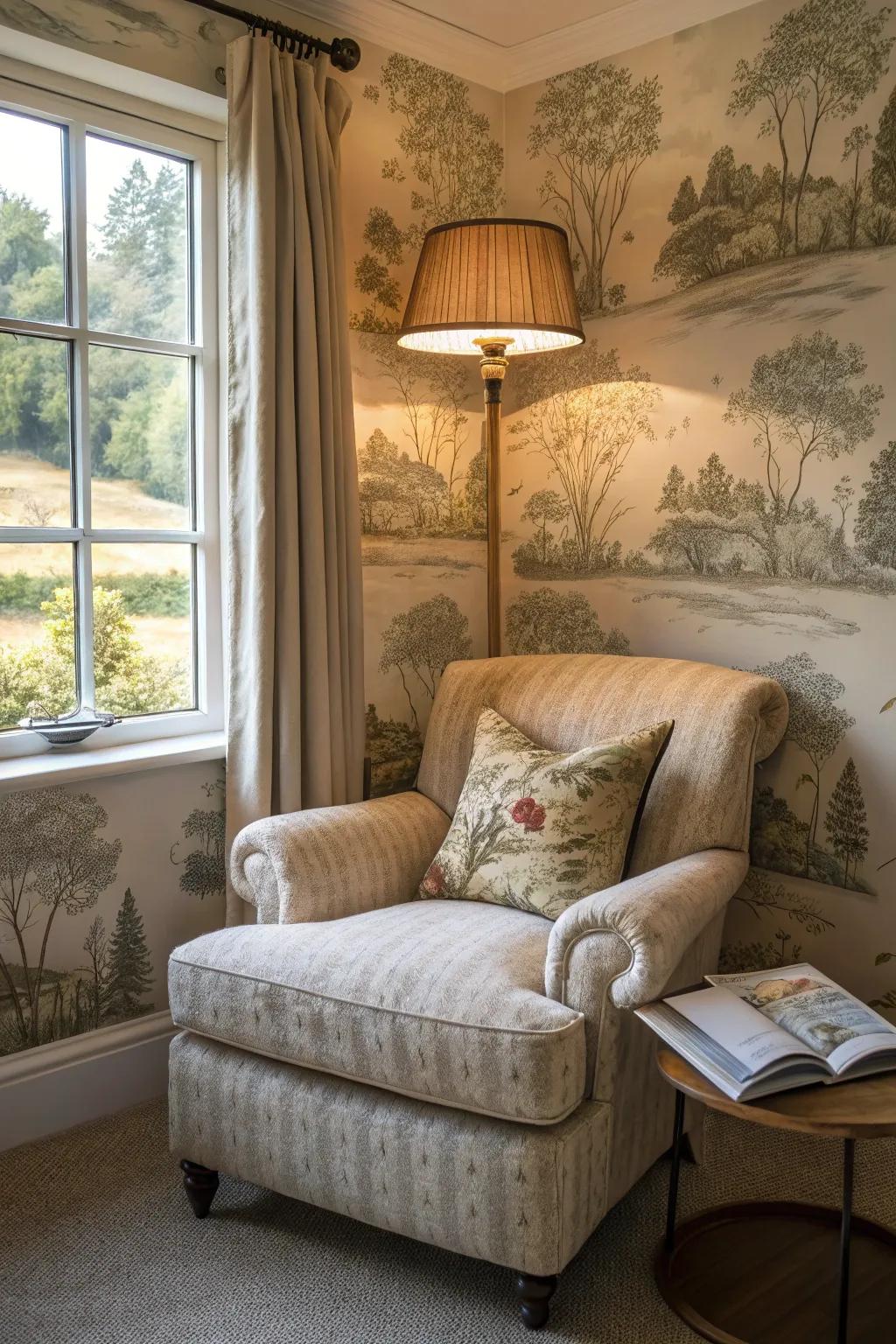 Create a cozy reading nook with peaceful wallpaper designs.