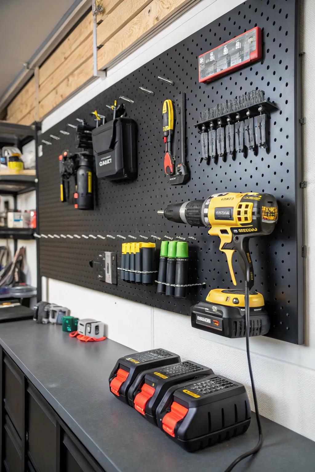 Consolidate your garage setup: A display board charging station for all your power tools.