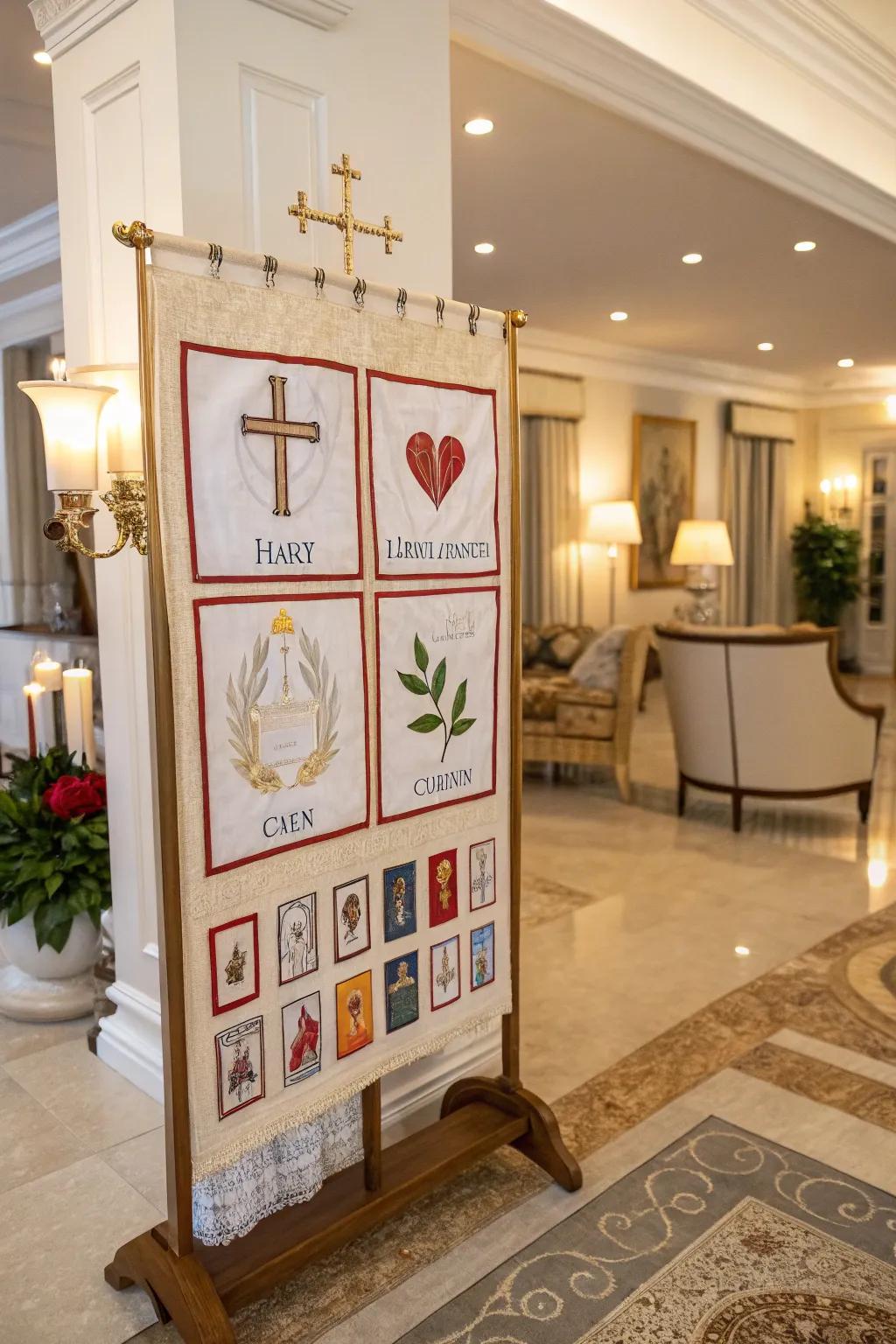 Icons representing the Holy Spirit's gifts give depth and consideration.