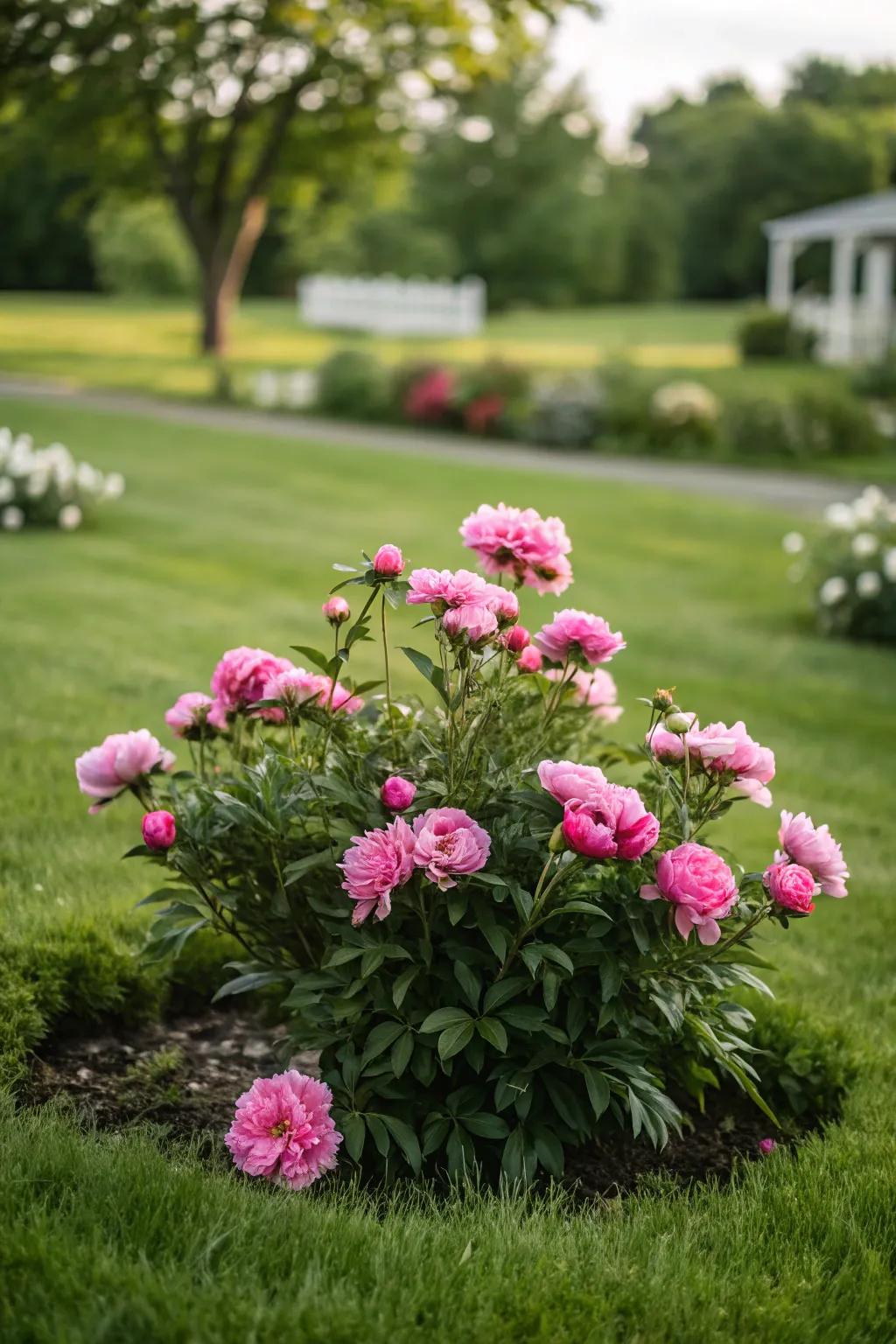 A stunning peony island serving as a garden focal point.