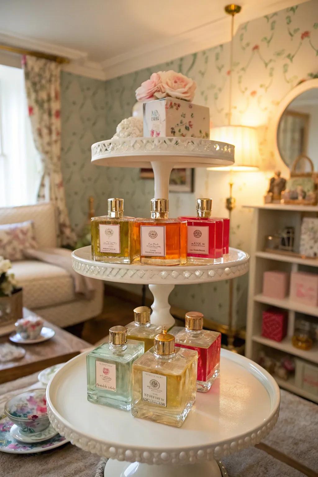 Perfumes displayed on repurposed cake stands, adding a whimsical touch.