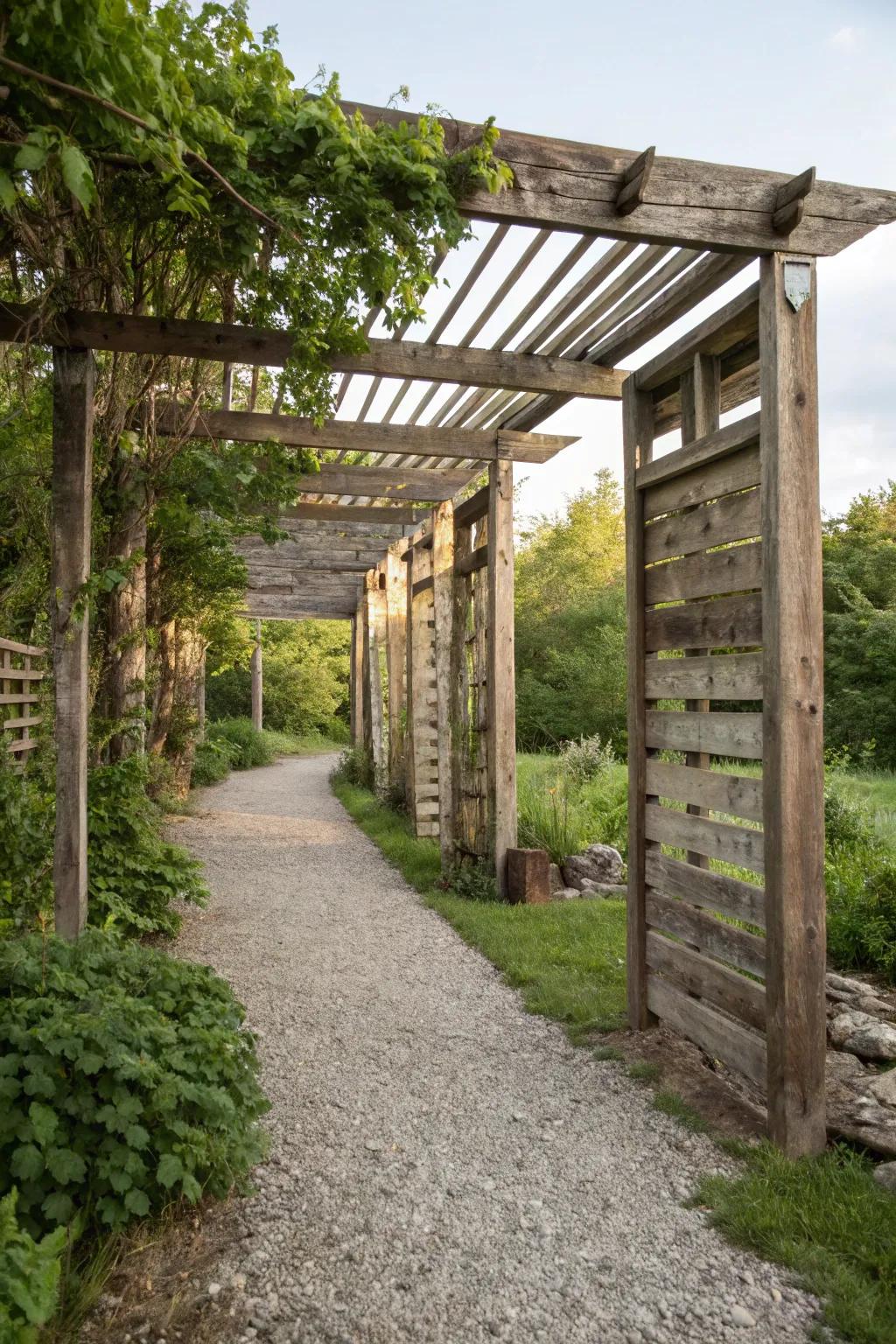 Repurposed wood dividers add warmth and history to outdoor spaces.