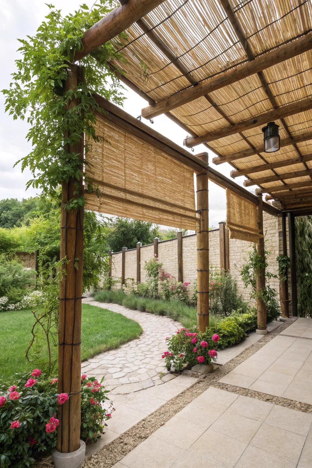 Bamboo blinds give a sustainable charm to pergolas.