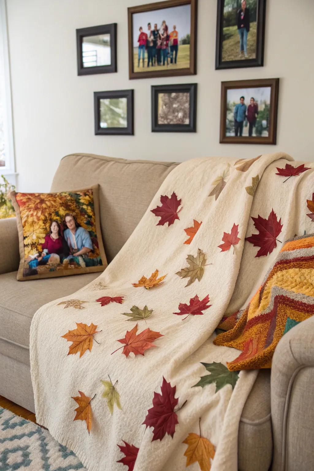 A fall-themed blanket with autumn leaves and family gathering photos, great for seasonal warmth.