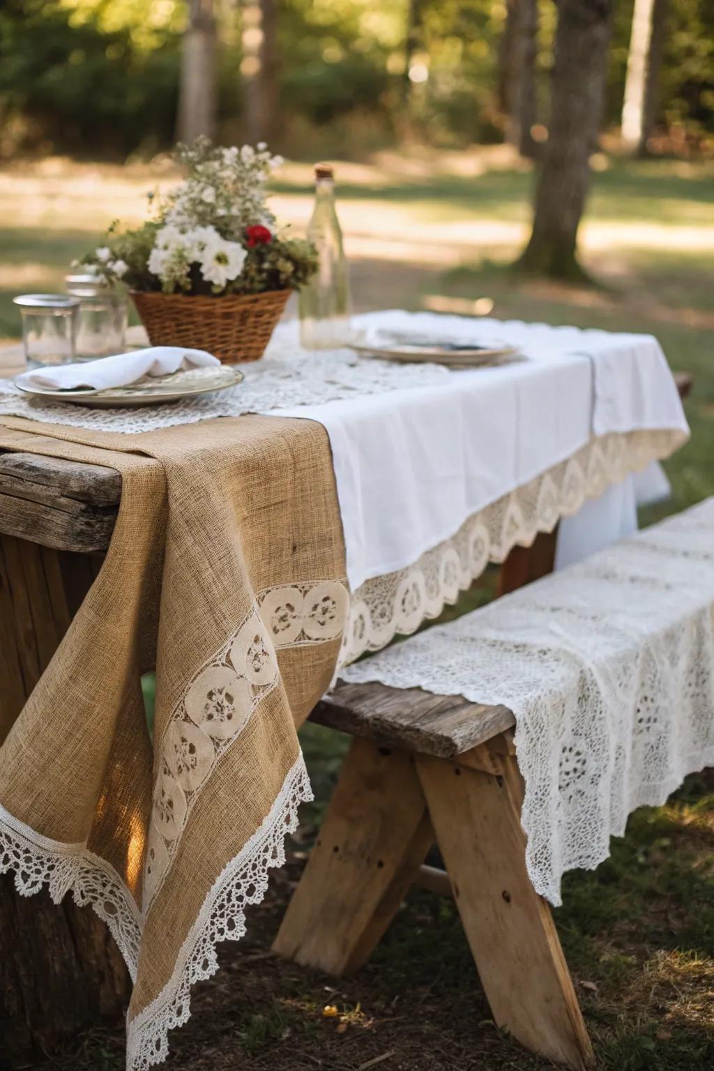 Layered textures using burlap and lace bring depth and elegance to this picnic table.
