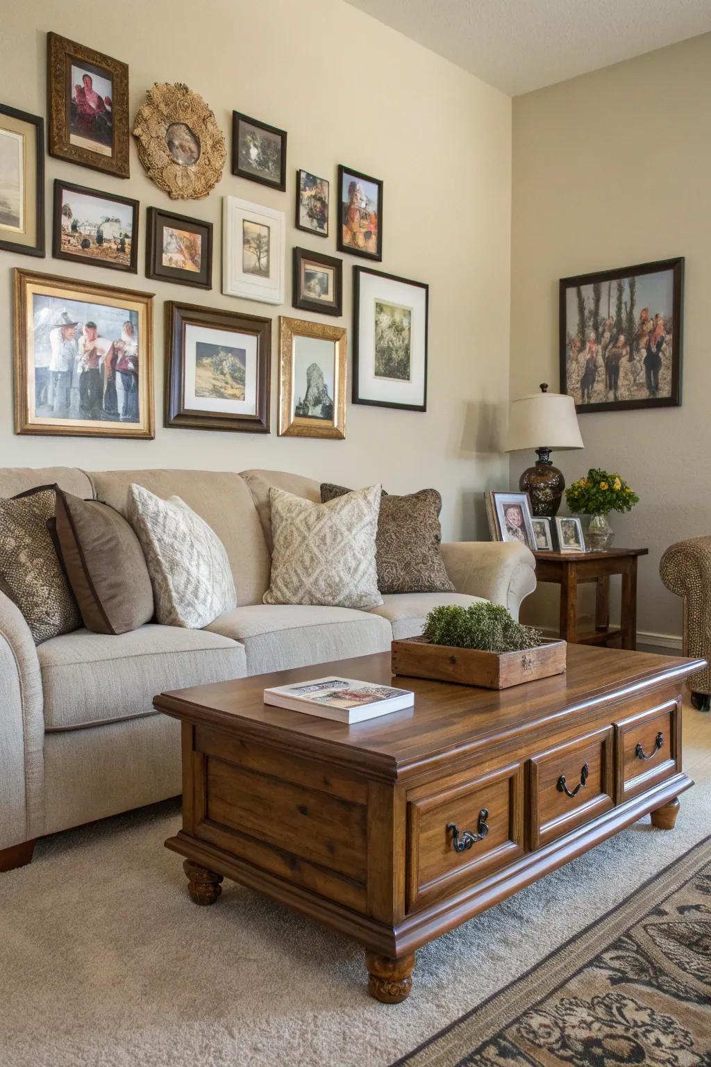 Coordinating furniture and frames builds a unified room design.