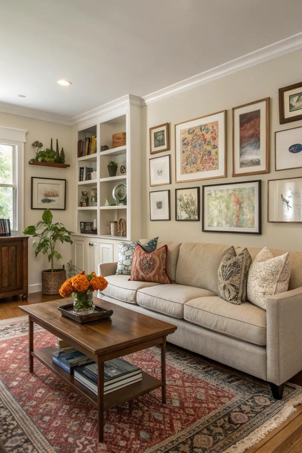 Integration of art and furnishings fosters a cohesive aesthetic.