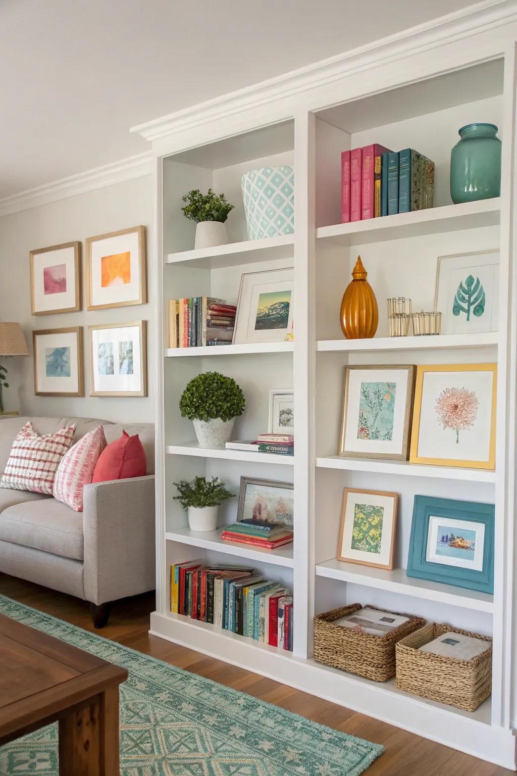 Color-coordinated picture shelves for a cohesive design.