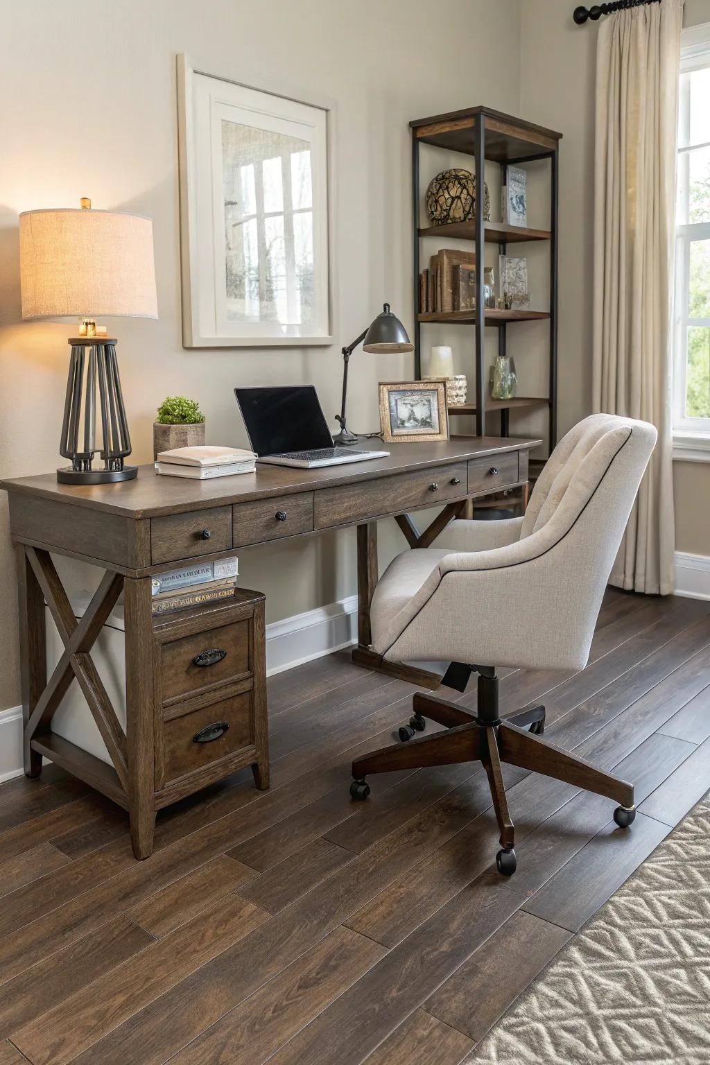Engineered timber floors enhance elegance and resilience in home offices.