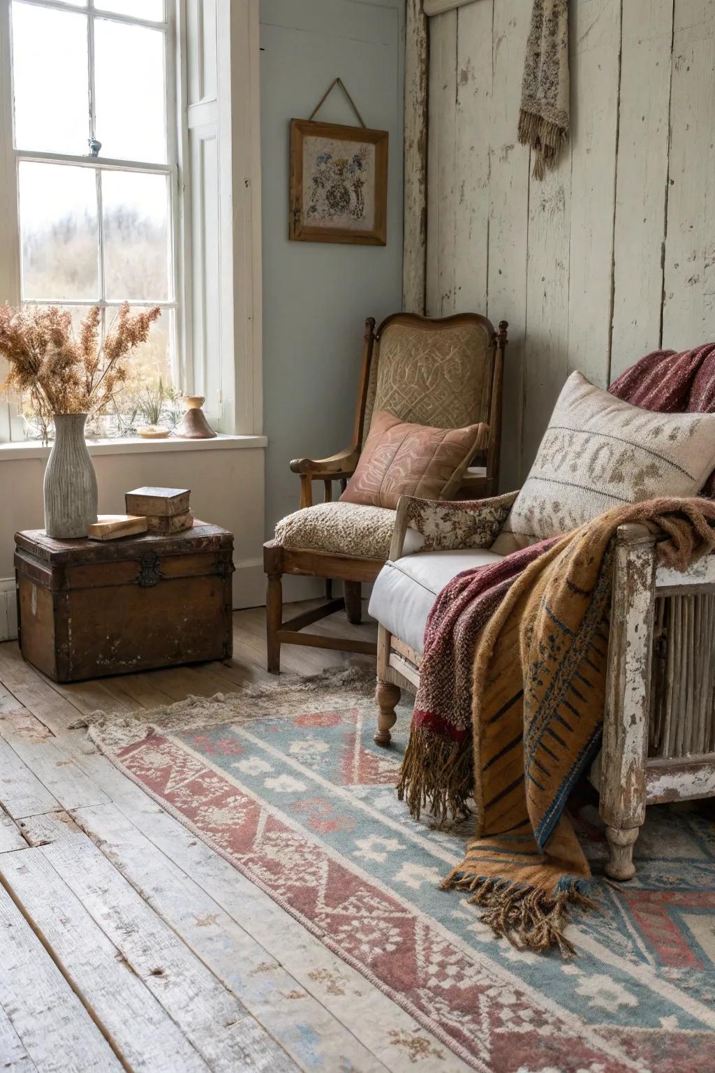 Aged floors evoke a timeless retro charm.