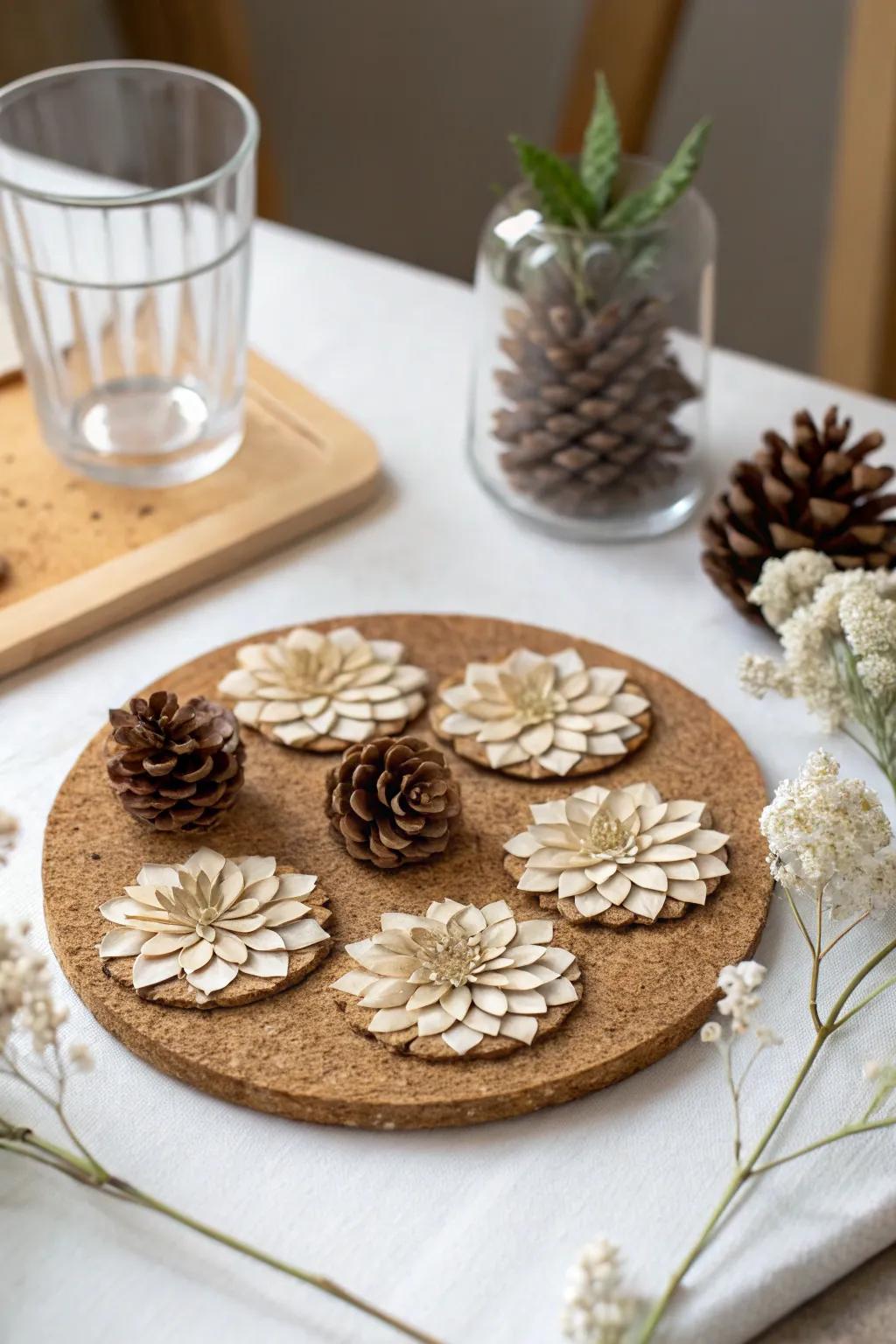 Elevate your table setting with the earthy charm of pinecone blossom mats, where art meets functionality.
