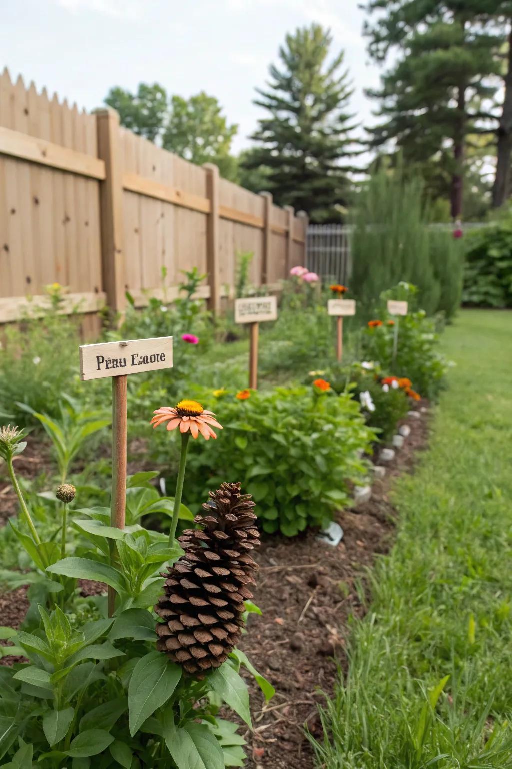 Pinecones become practical and pretty plant markers.
