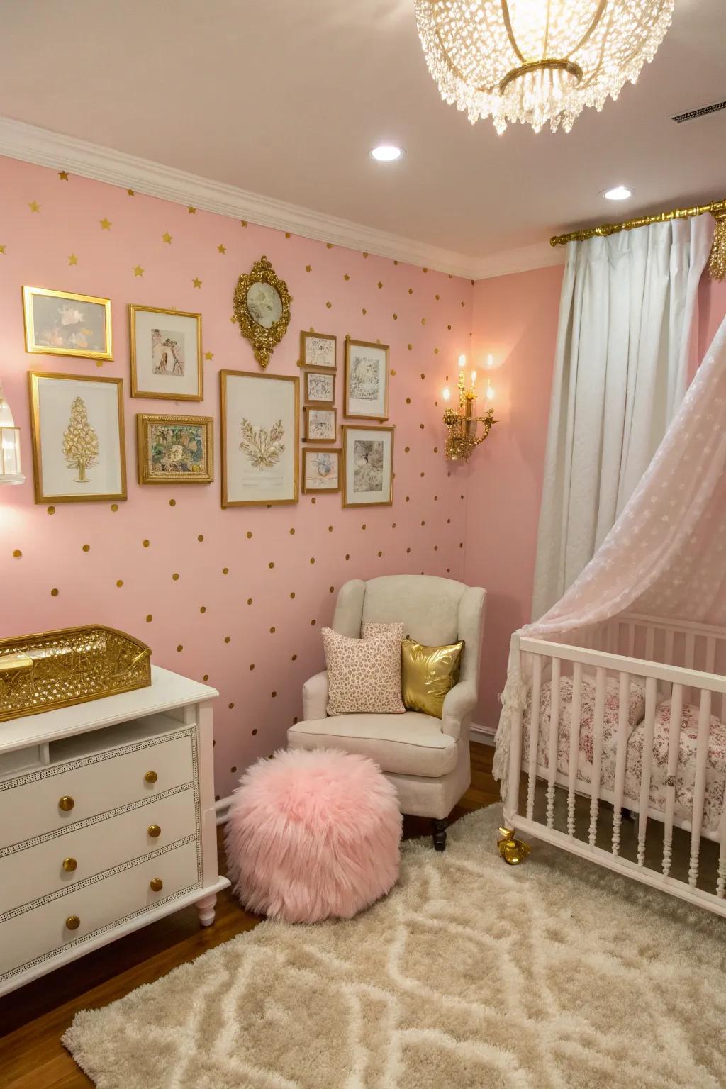 A glamorous nursery featuring a pink wall enhanced with gilded details.