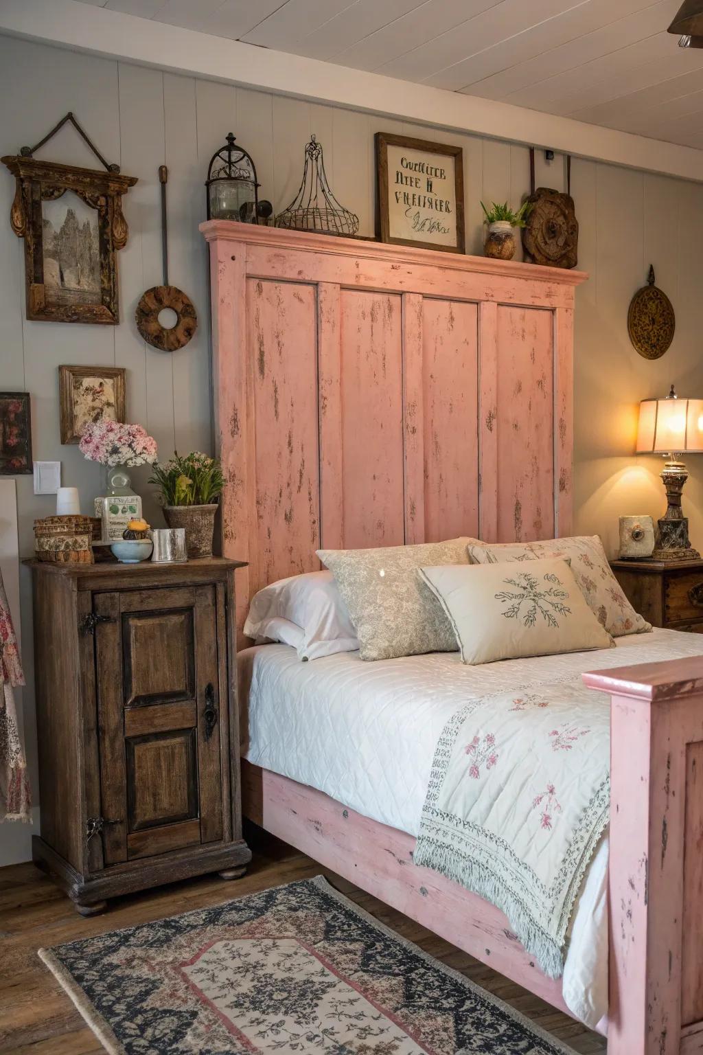 A rustic and charming bedroom with a pink distressed wood headboard.