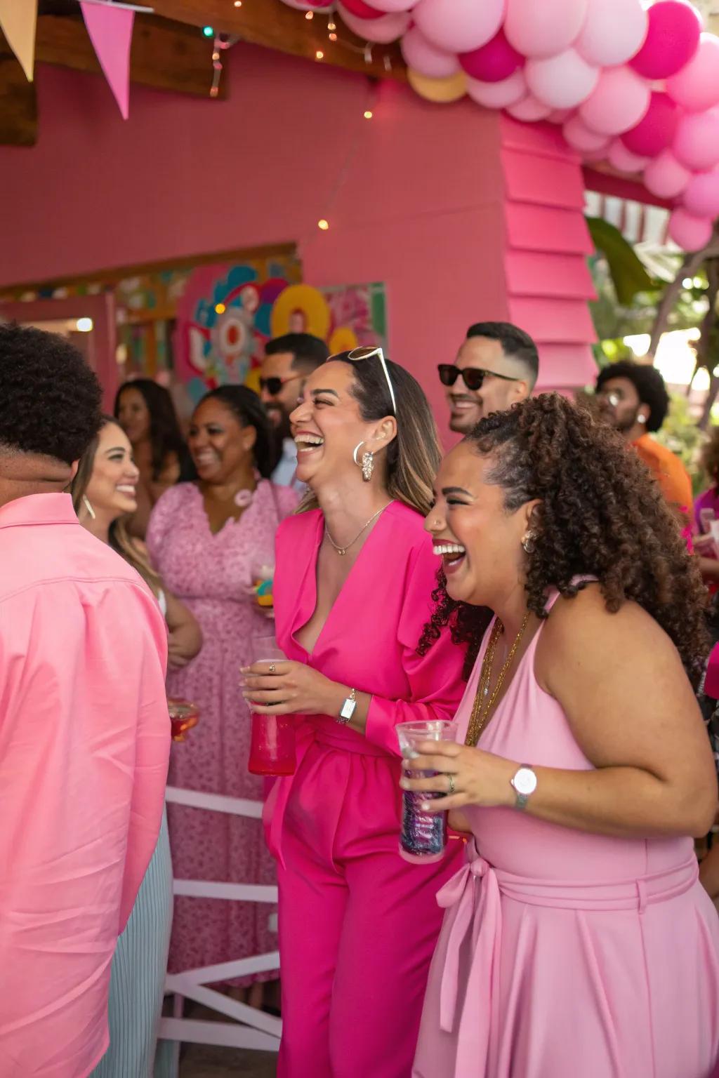 Attendees in pink attire perfectly complement the party’s theme.