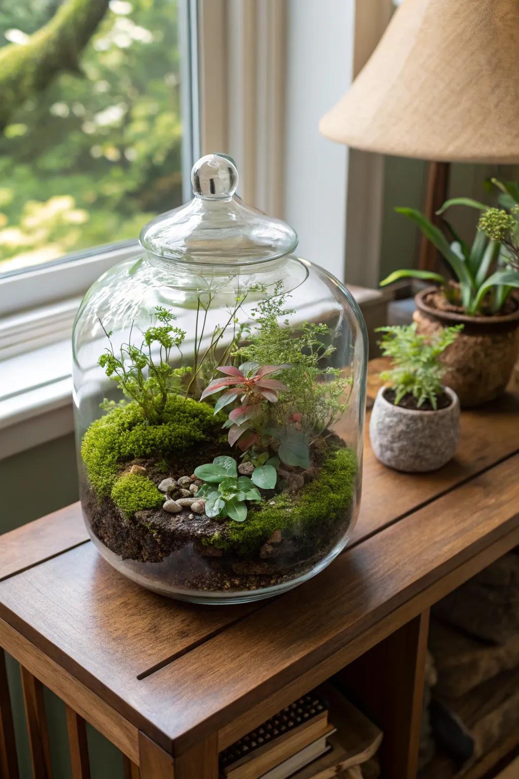 A terrarium adds a touch of nature indoors.