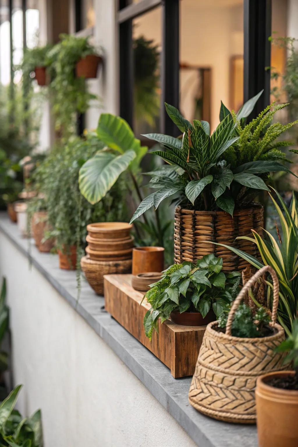 Earthy shades develop a serene and harmonious color composition on this plant ledge.