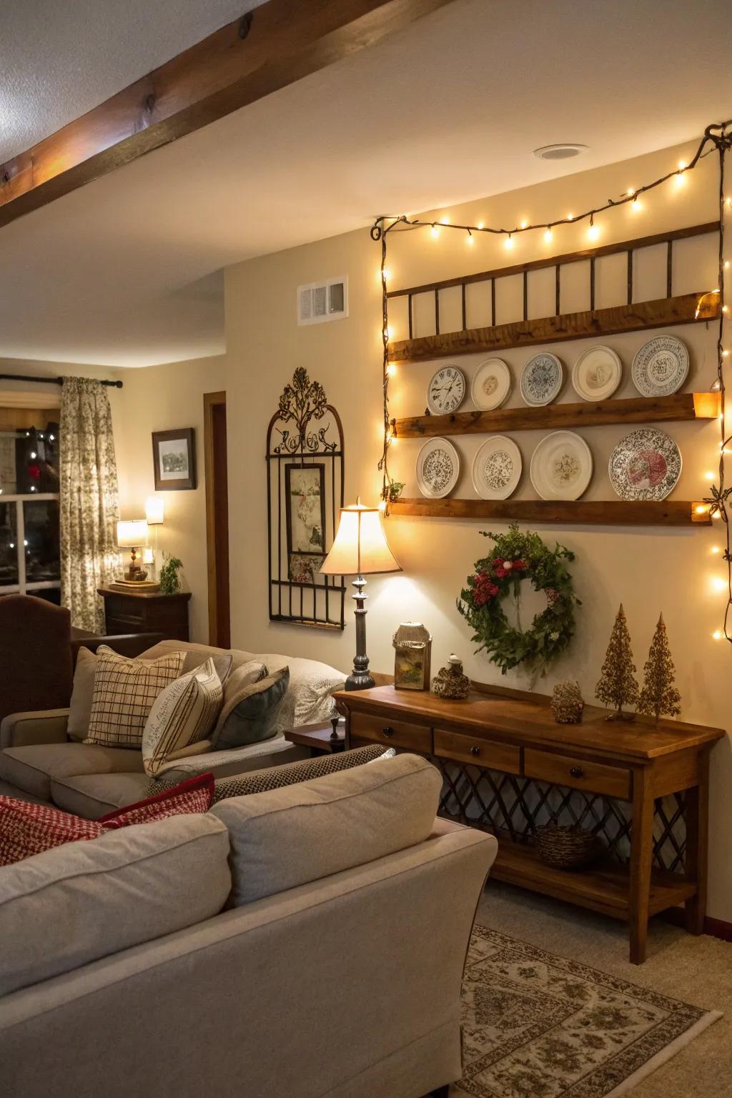 An inviting living room with a surprising plate rail feature