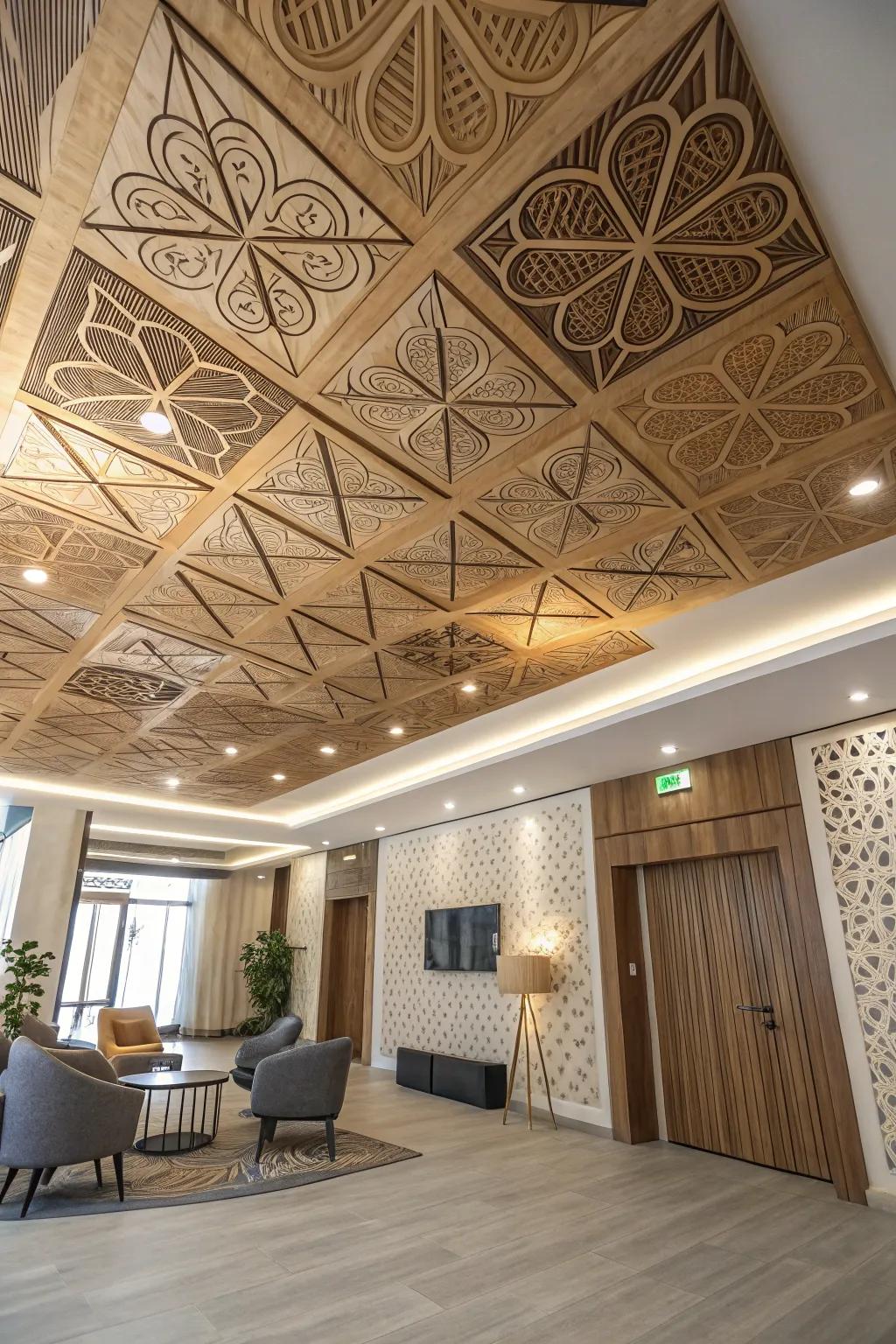 A stunning symmetrical plywood ceiling that introduces architectural charm.