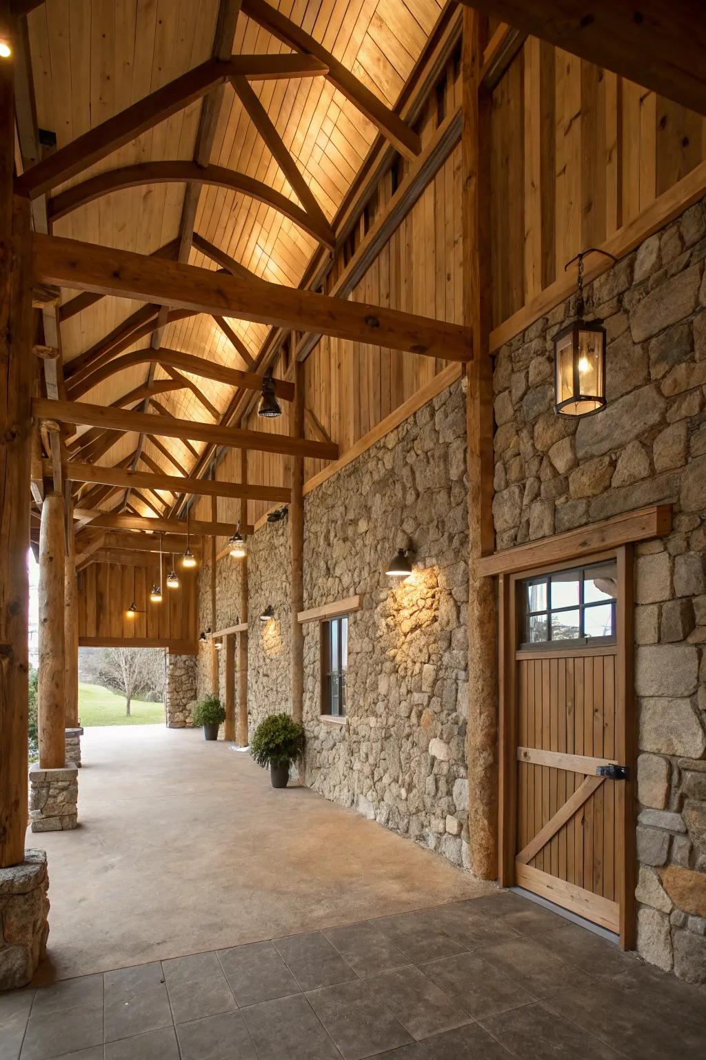 Raw materials present within a pole barn with rock walls and wood beams.