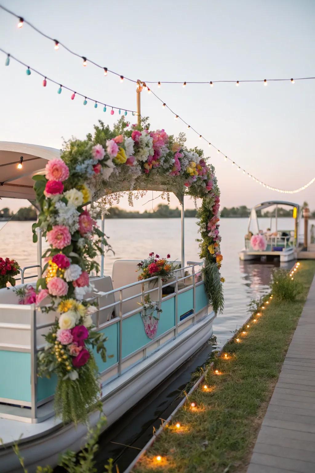 Garden party pontoon blooming with flowers.