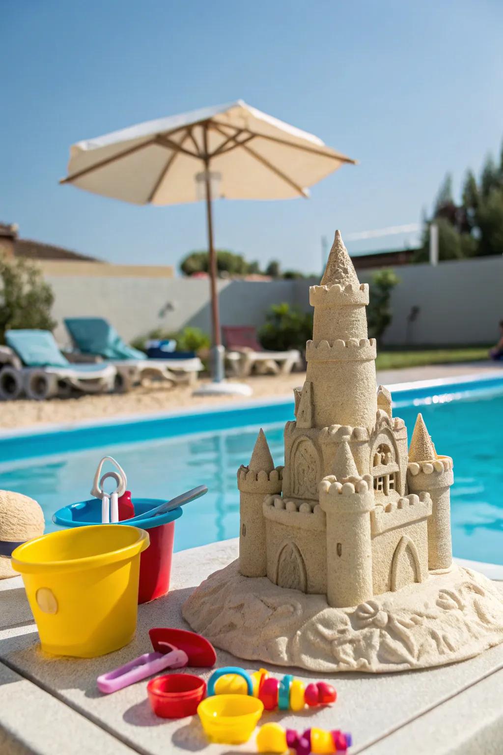 A sandcastle centerpiece transports the beach to your backyard.