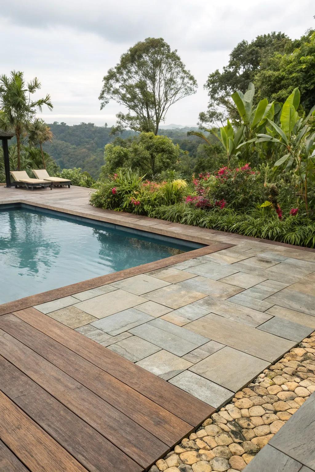 Fashion visual interest with a blend of materials on your pool deck.