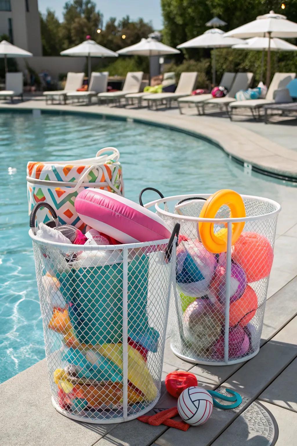 Mesh bins guaranteeing swift drying and mildew-free conditions for pool floats.
