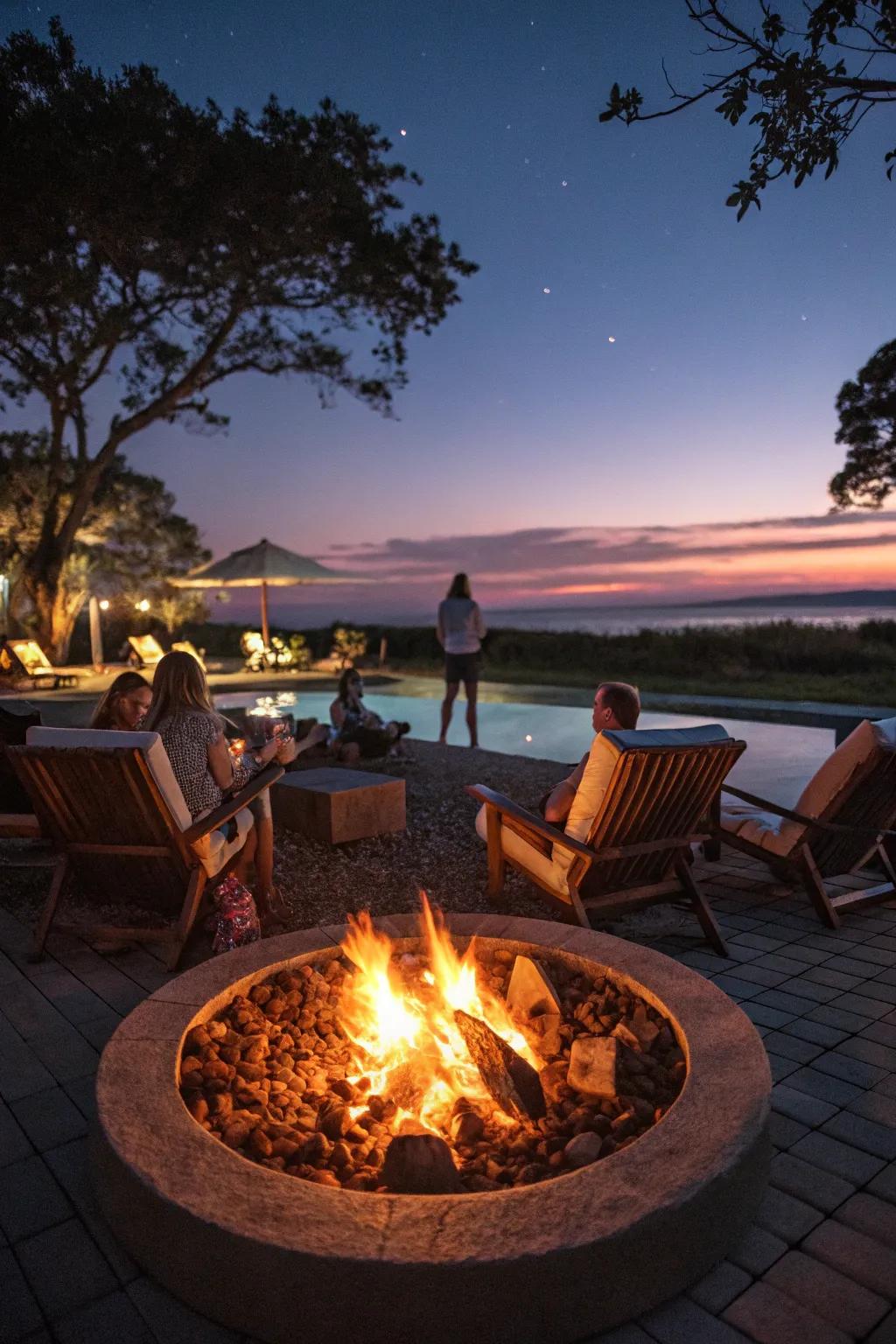 A fire pit adds warmth and charm to your poolside, ideal for evening gatherings.