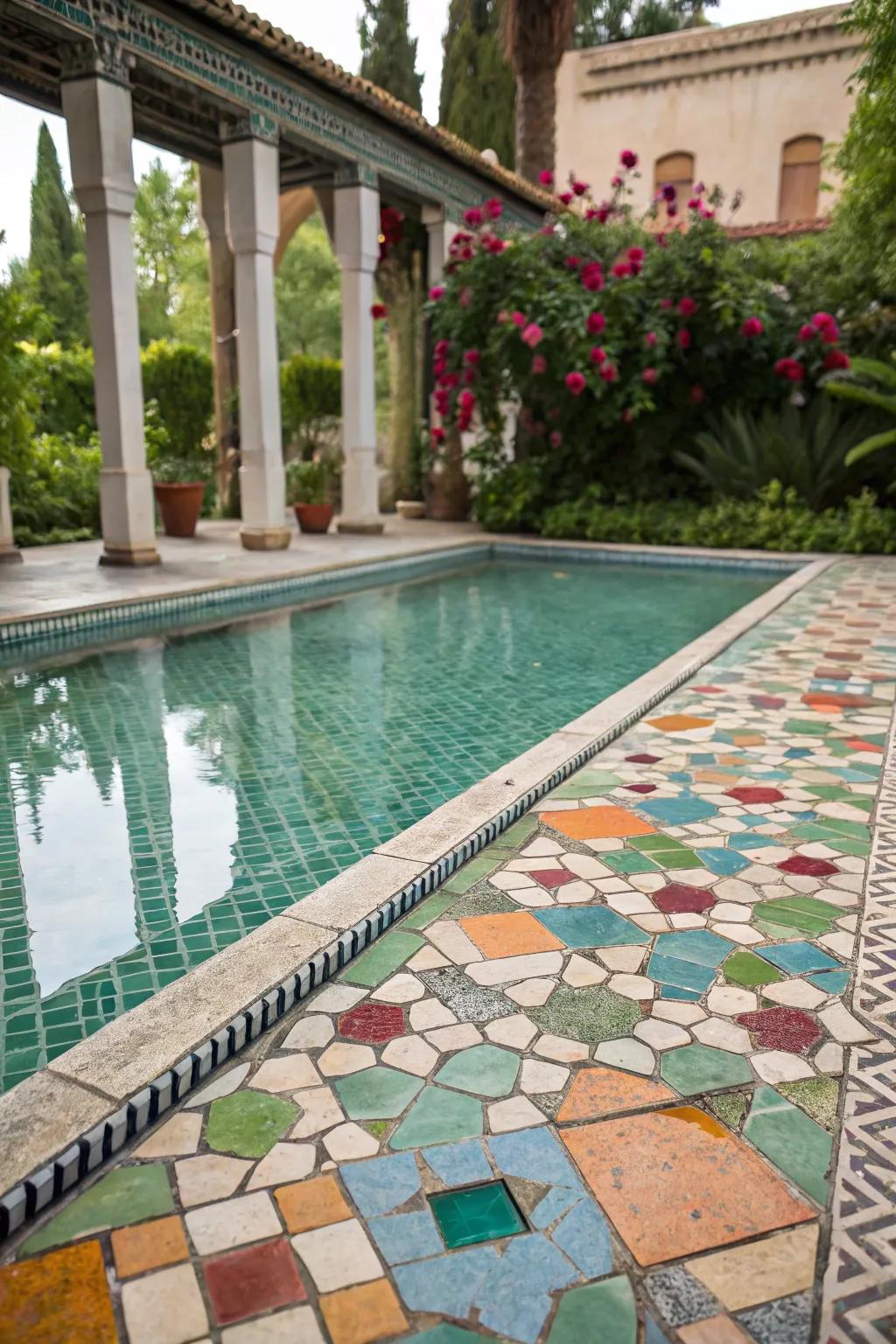 A pool exhibiting a beautiful mosaic tile pattern.