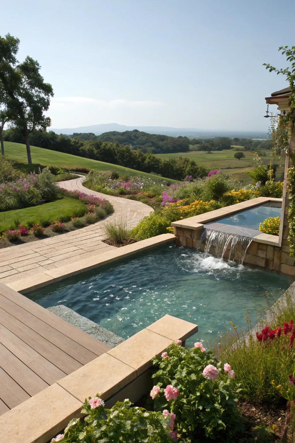 Integrated water features add tranquility to your poolside.