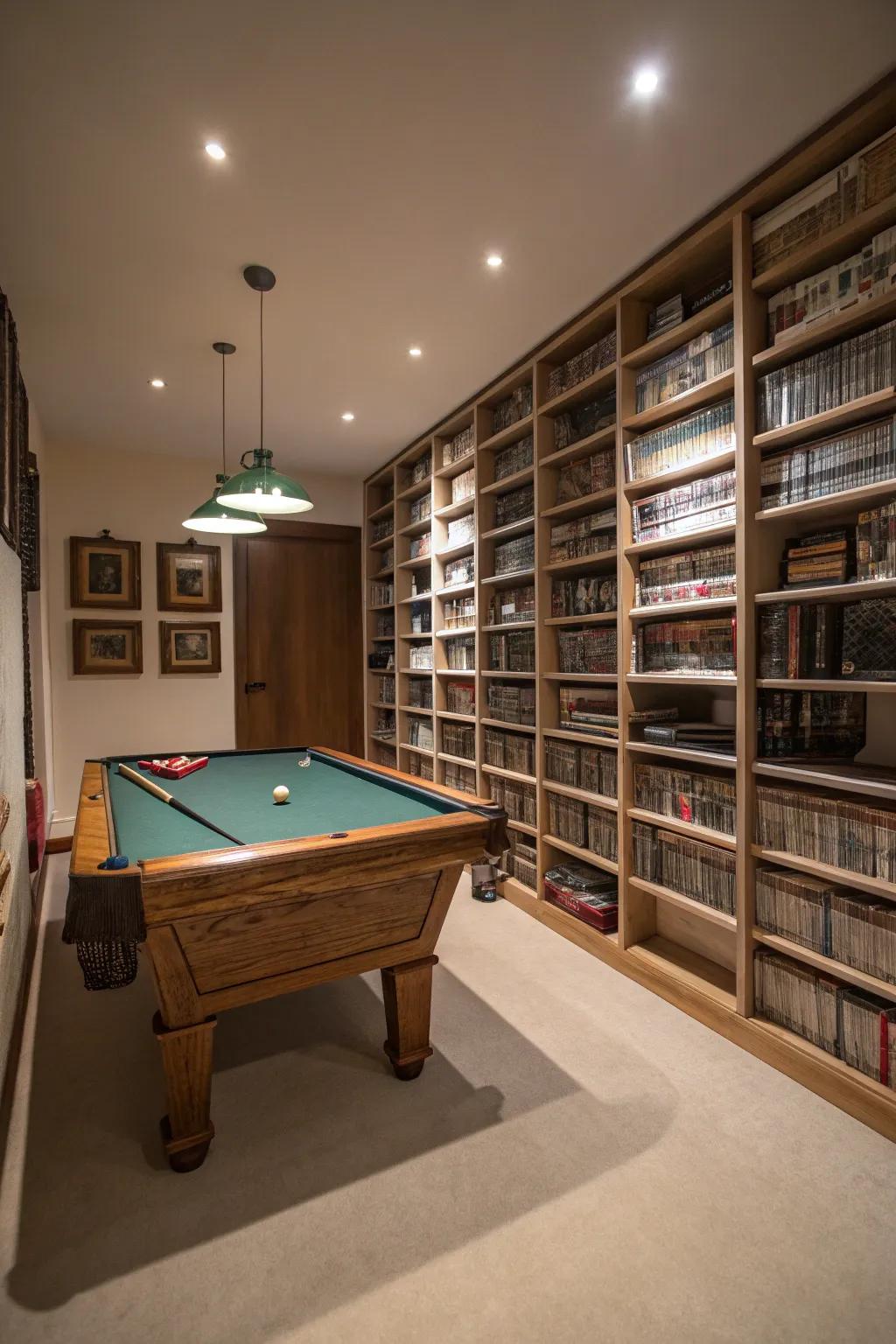 Elevated ornamental elements make the smaller billiard table area feel taller and more spacious.