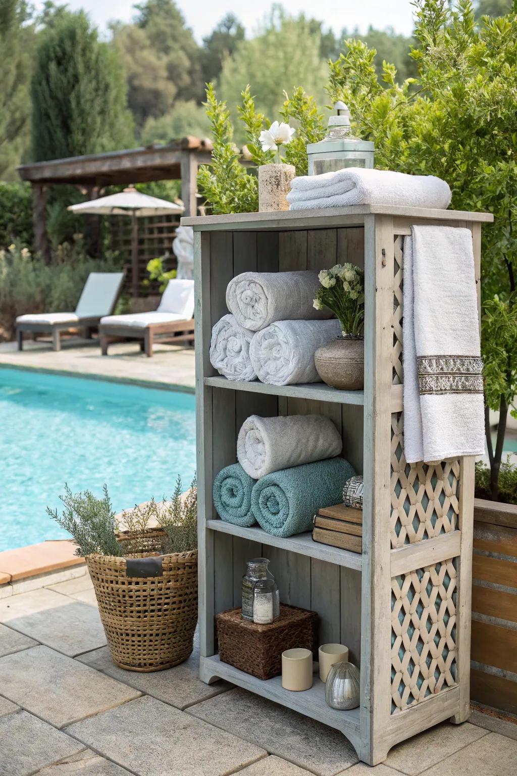 Repurposed bookshelf for a homey poolside touch.