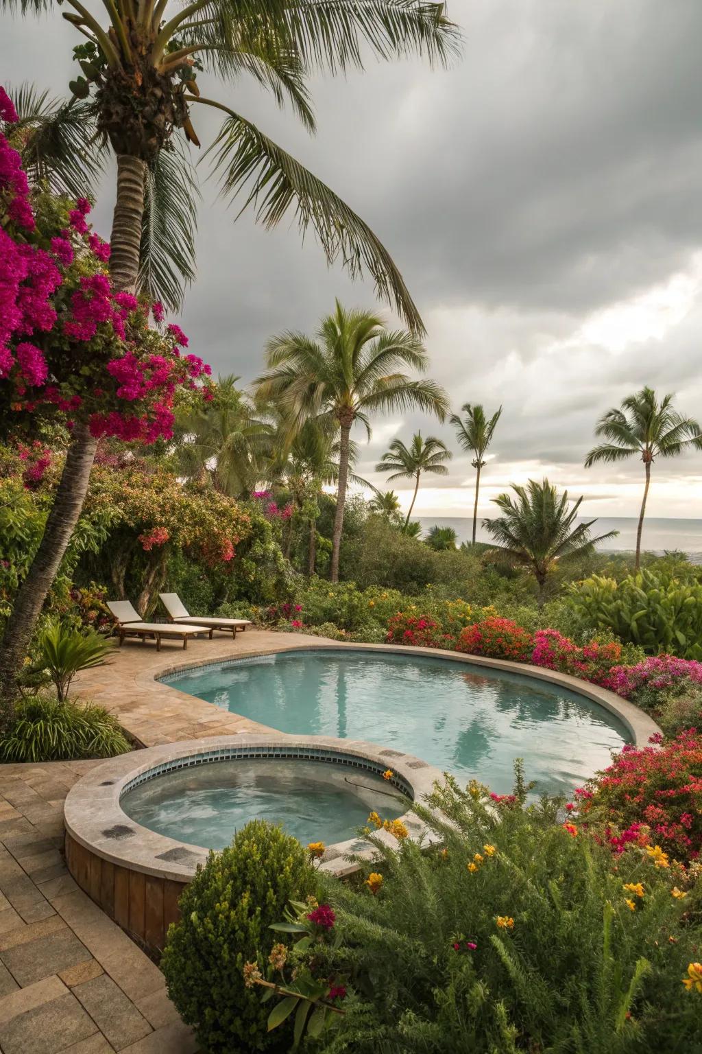 An exotic paradise in your backyard with palm trees and colorful flowers.