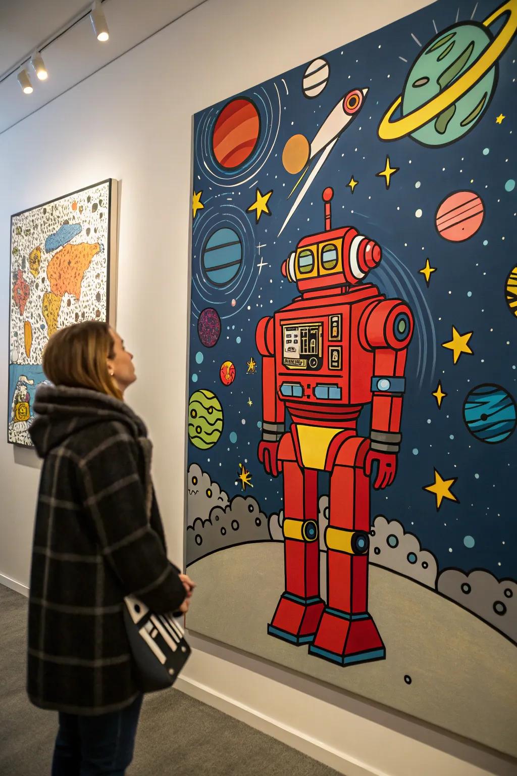 A futuristic pop art painting featuring a robot on a cosmic backdrop.