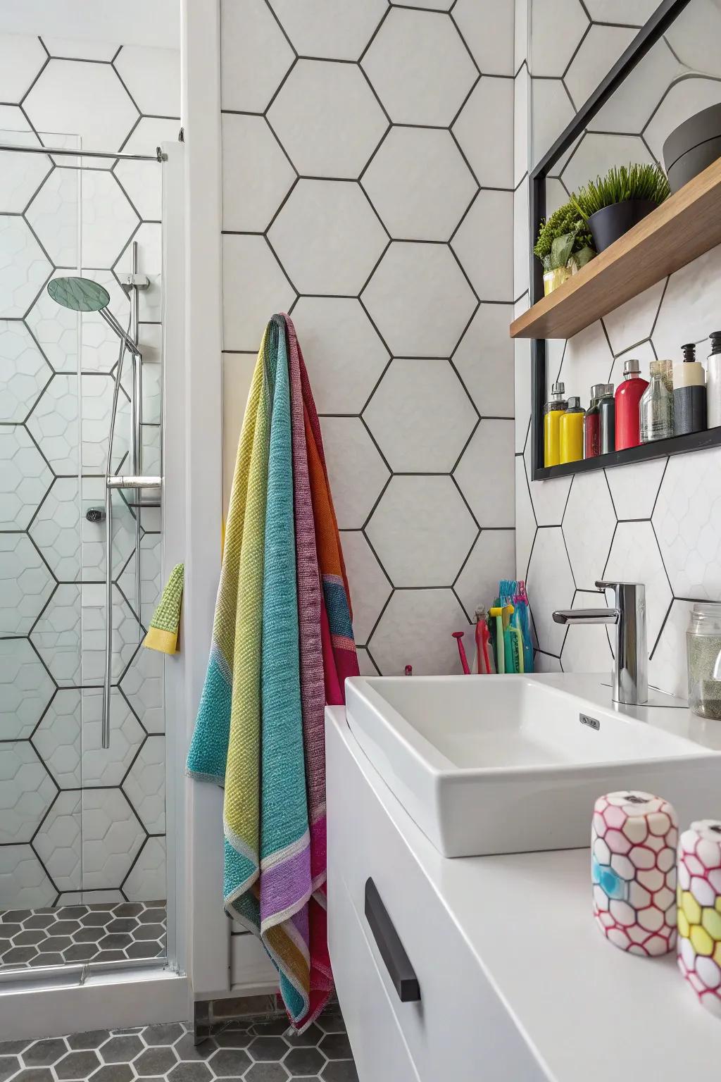 Hexagon tiles add a current playful twist to this contemporary bathroom design.