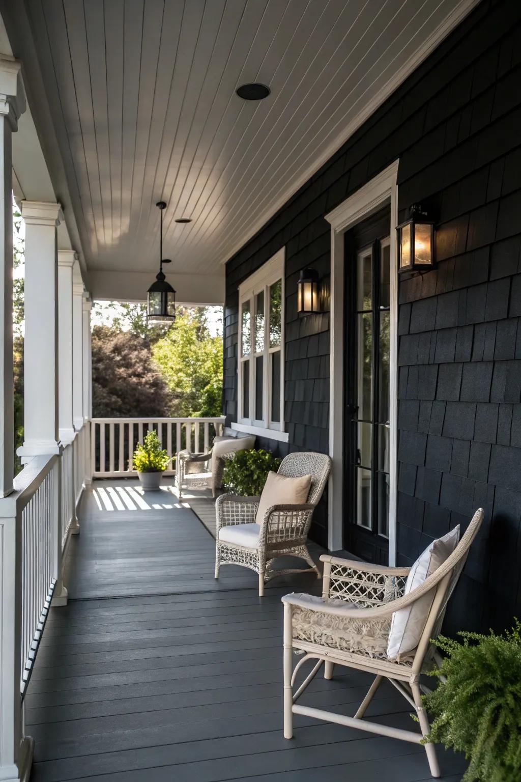 A moody charcoal porch that offers an impressive and modern aesthetic.