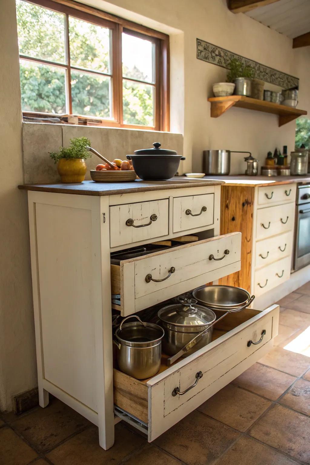 Repurposed furniture offers storage that’s both unique and functional.