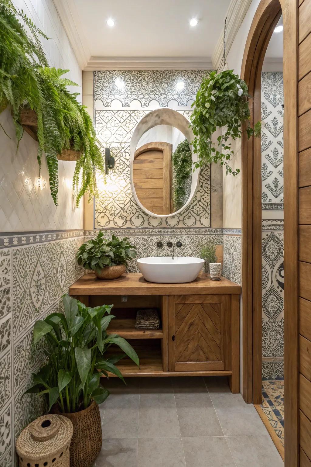 Natural components like wood and plants add warmth to your powder room.